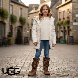 UGG Australia 5278 Girls Youth Tall Sheepskin Brown Leather Suede Lace Up Boots